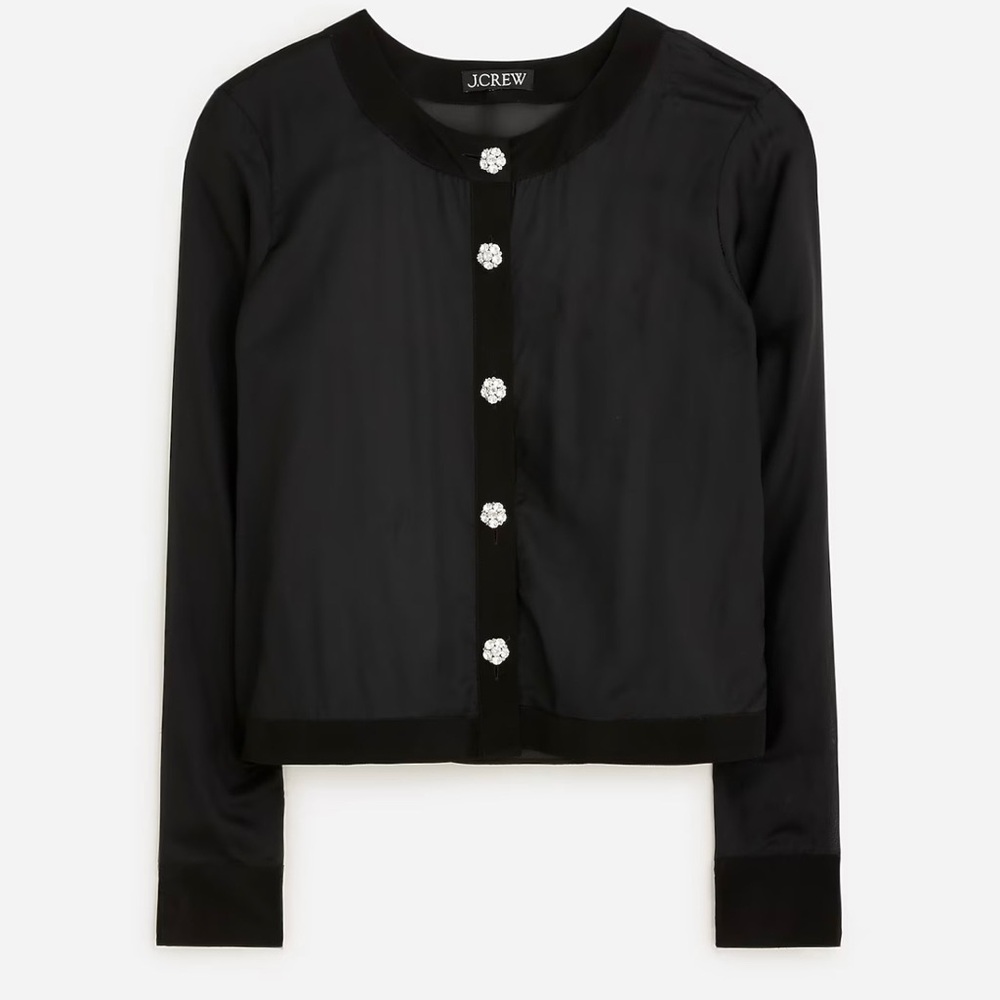 J. Crew Black Long-Sleeve Button Front Blouse with Rhinestone Buttons
